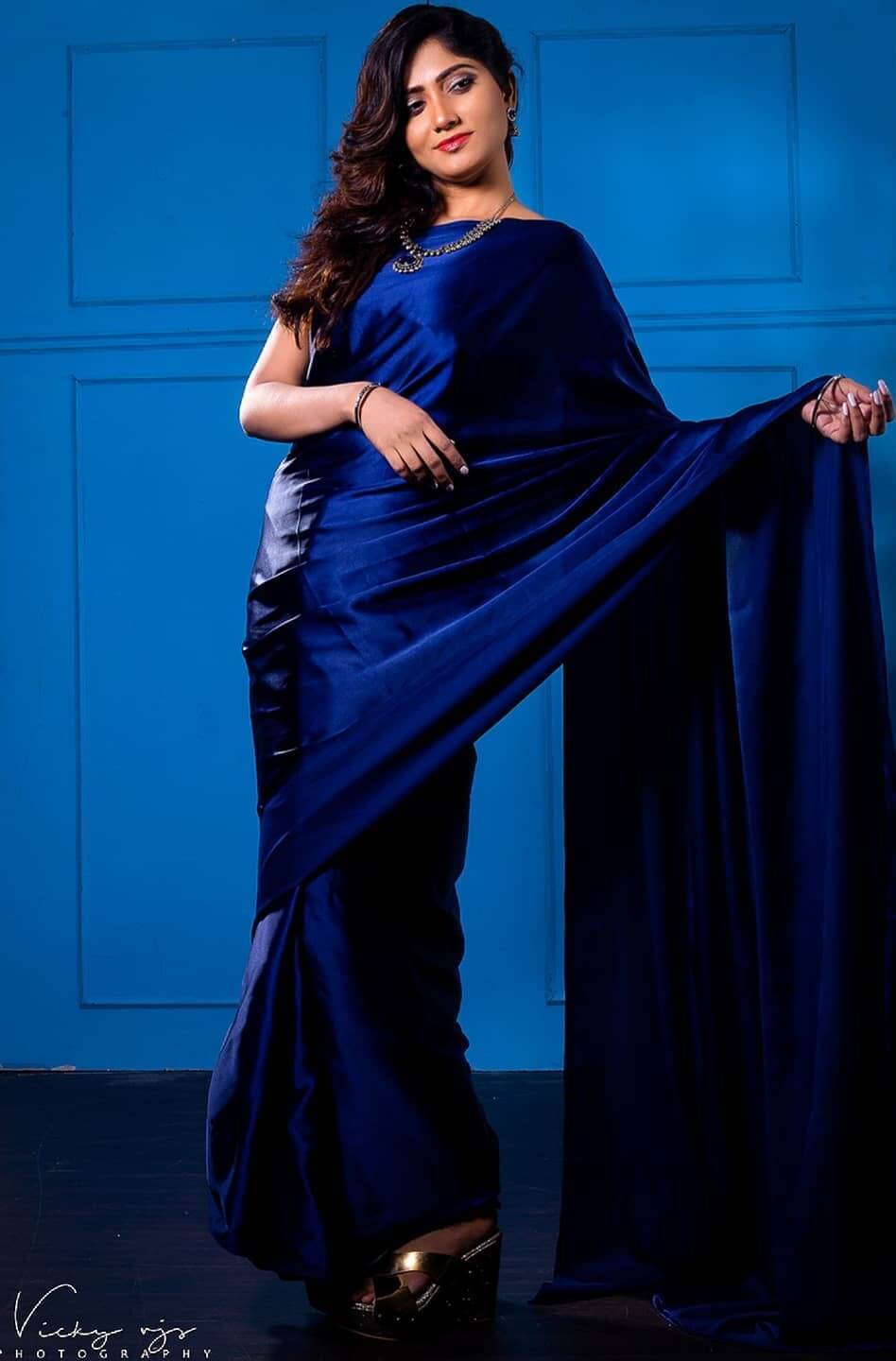 Maria Juliana In Deep Blue Satin Saree Looks Divine