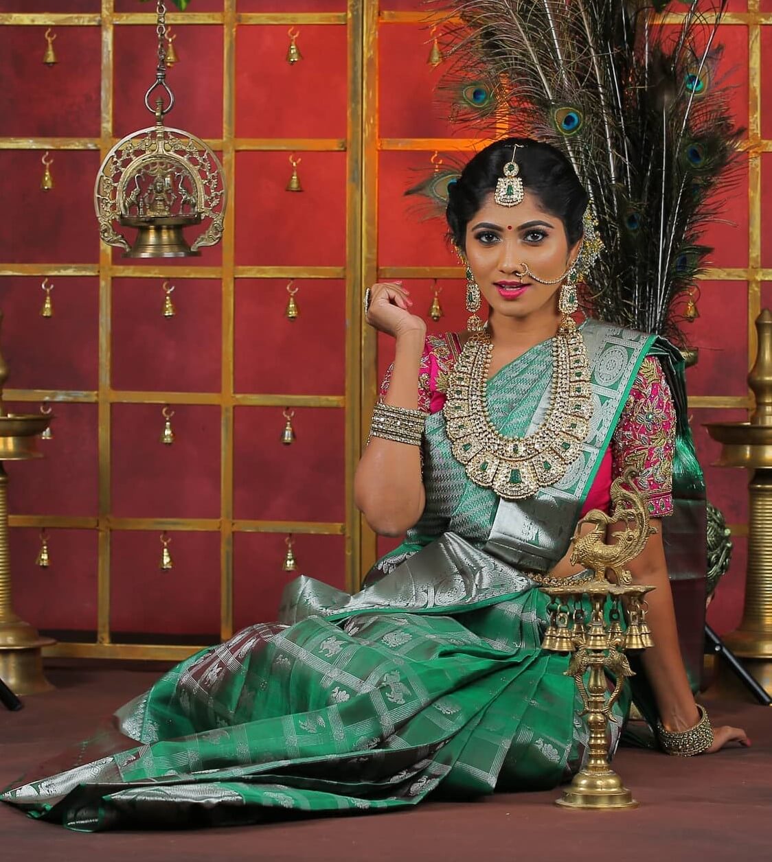 Maria Juliana In Green Kanjivaram Silk Saree With Heavy Diamond & Kundan Bridal Jewellery
