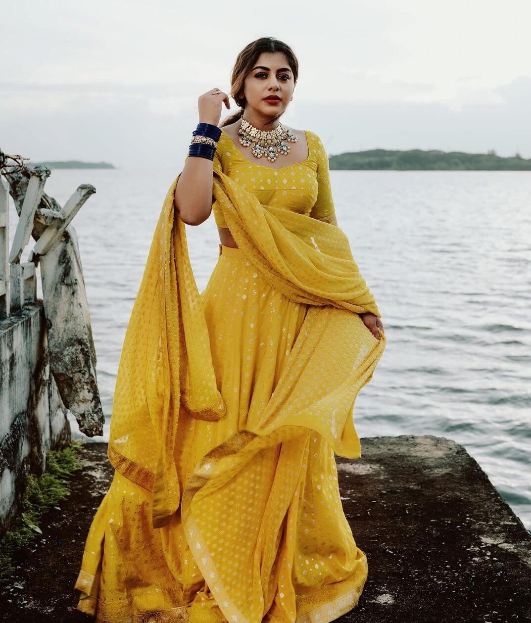 Meera Nandan In Yellow Silk Lehenga Choli With Beautiful Neck Piece
