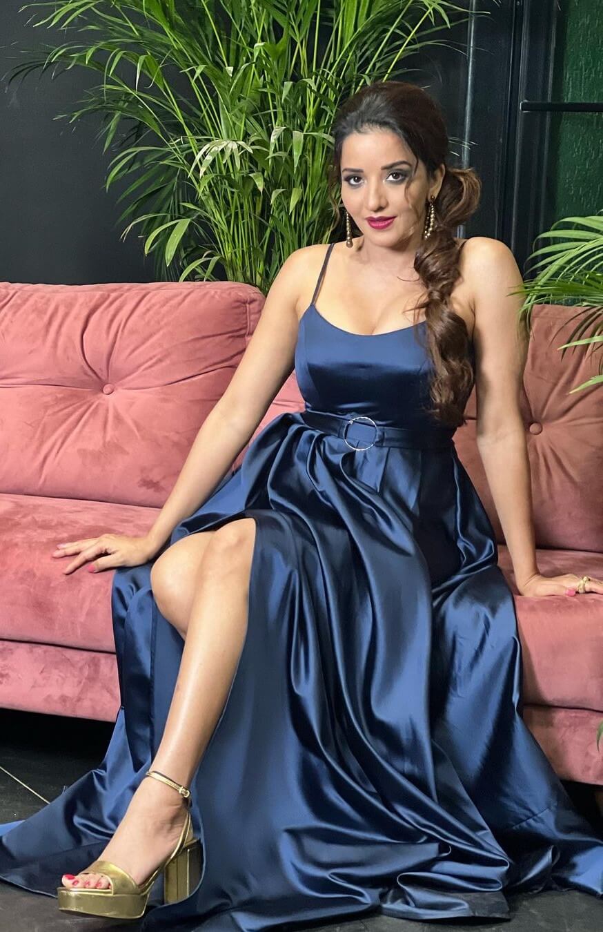 Monalisa In Shiny Silk Navy Blue High Slit Gown