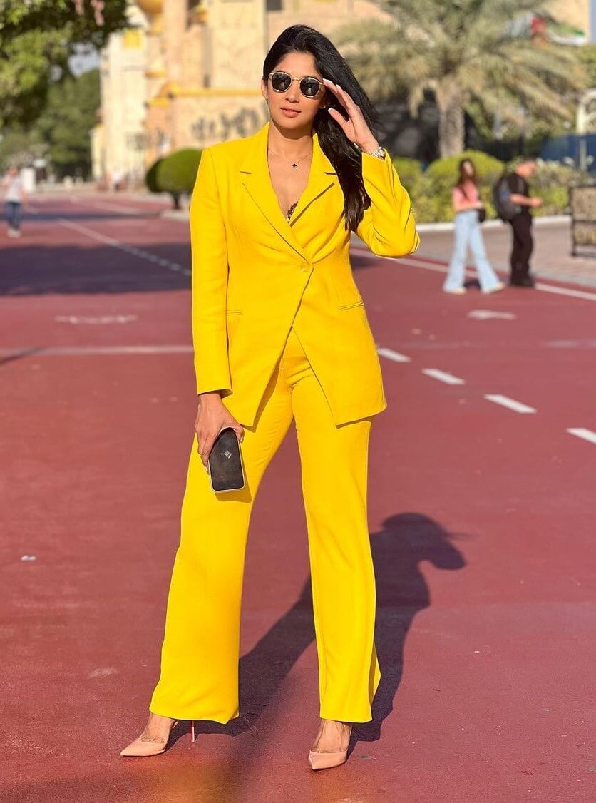 Nyla Usha Bossing Around In Yellow Monochrome Suit Set With Chic Sunglasses
