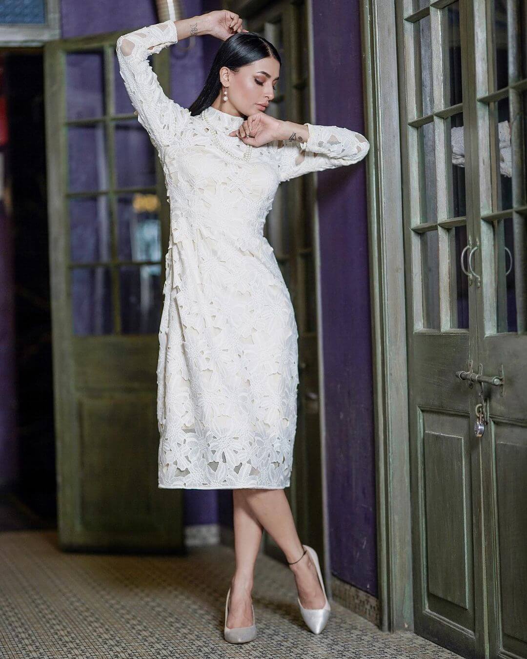 Pavitra Punia In Elegant  White Lace Dress With Full Sleeves