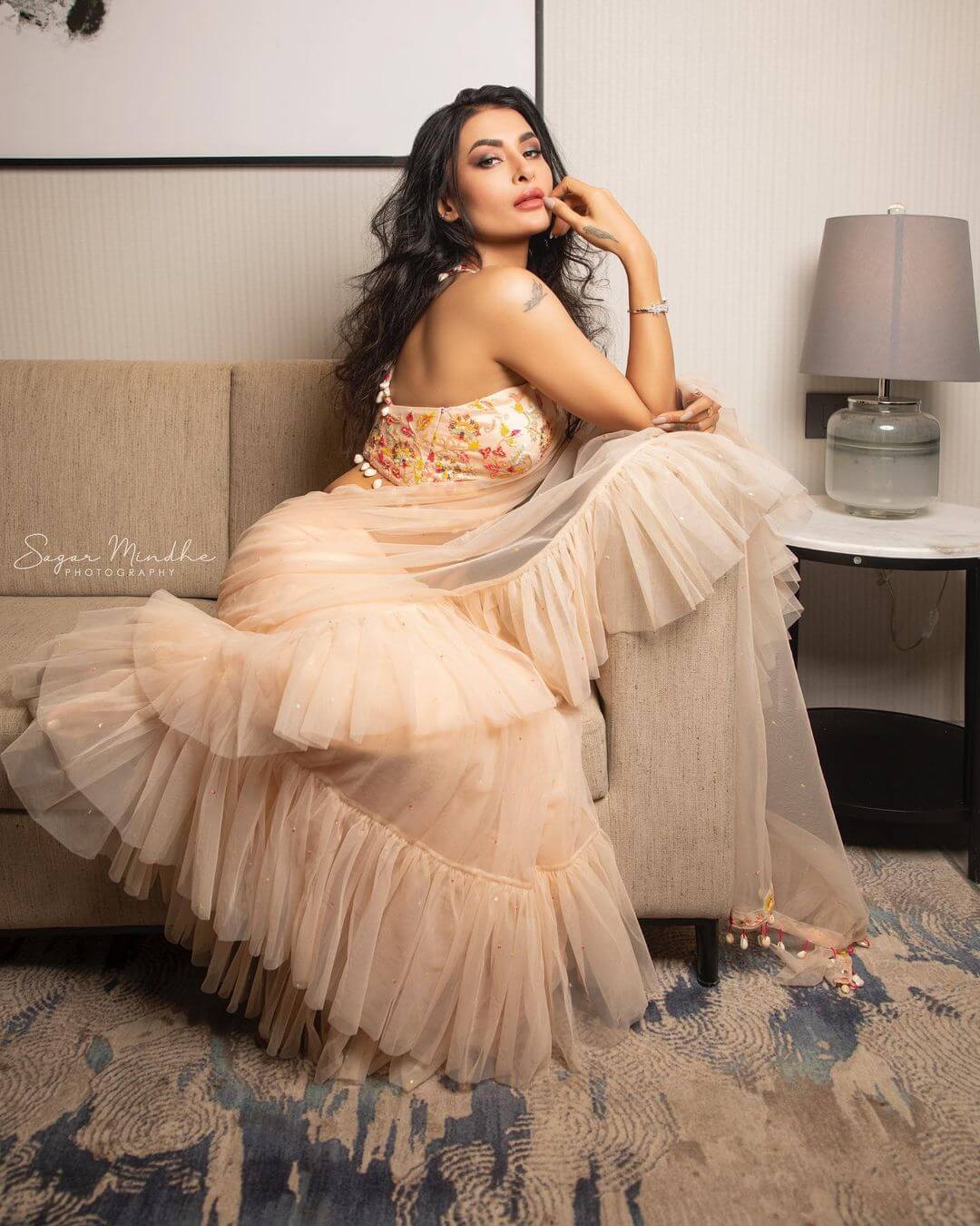 Pavitra Punia Sexy & Chic Look In Beige Ruffled Net Saree With Embroidered Blouse