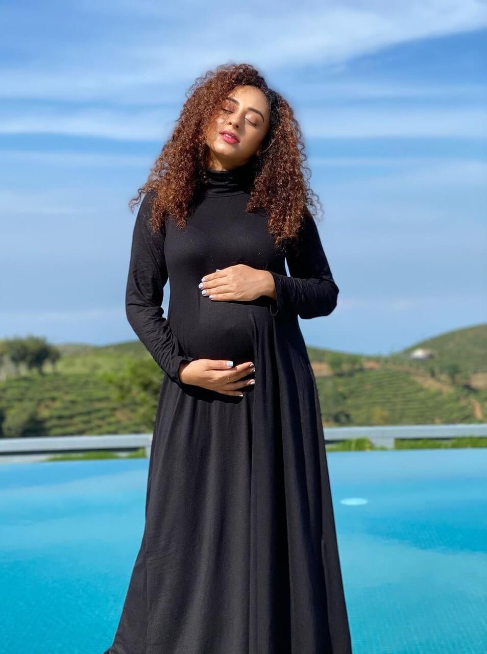 Pearle Maaney  Slayed The Back High Neck Long Maxi Maternity Dress
