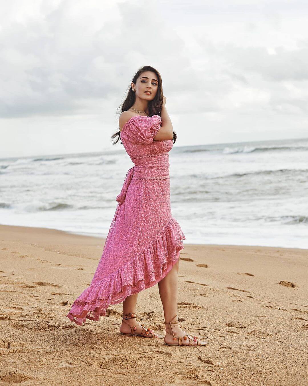 Pink Off-Shoulder Dress With Asymmetrical Ruffle Hem - Dhvani Bhanushali 