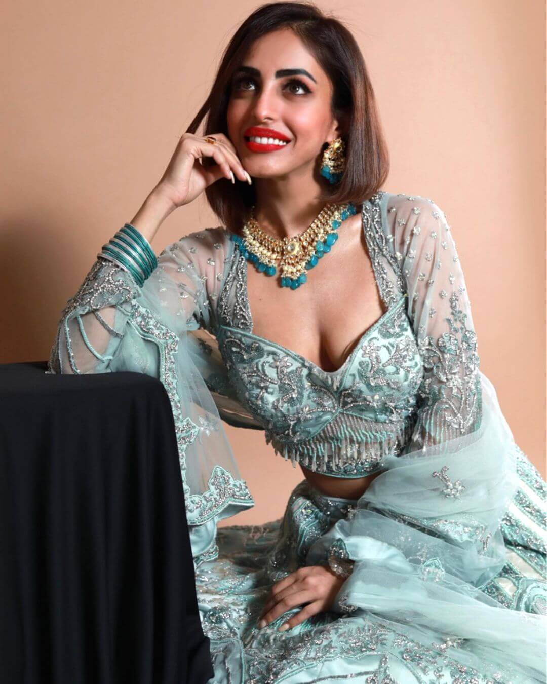Priya Banerjee In Regal Embellished Deep Neckline Lehenga Set