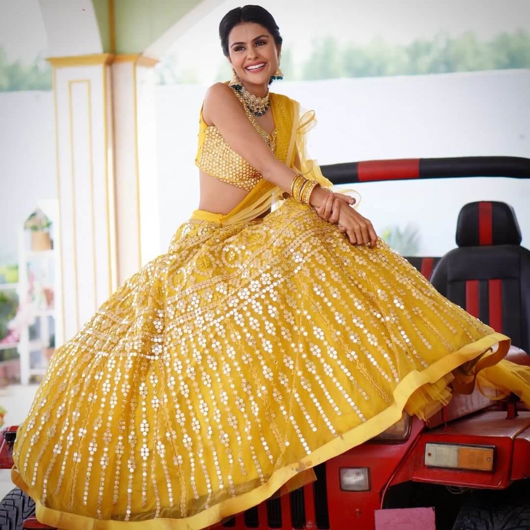 Priyanka Choudhary In Yellow Mirror Work Lehenga