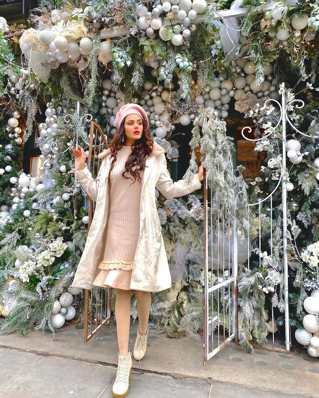 Priyanka Choudhary Winter Ready Look In Beige Dress With White Winter Coat