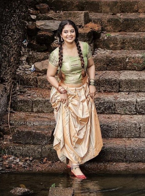 Rachana Narayanankutty Happy & Cheerful Look Light Golden Ghagara Set