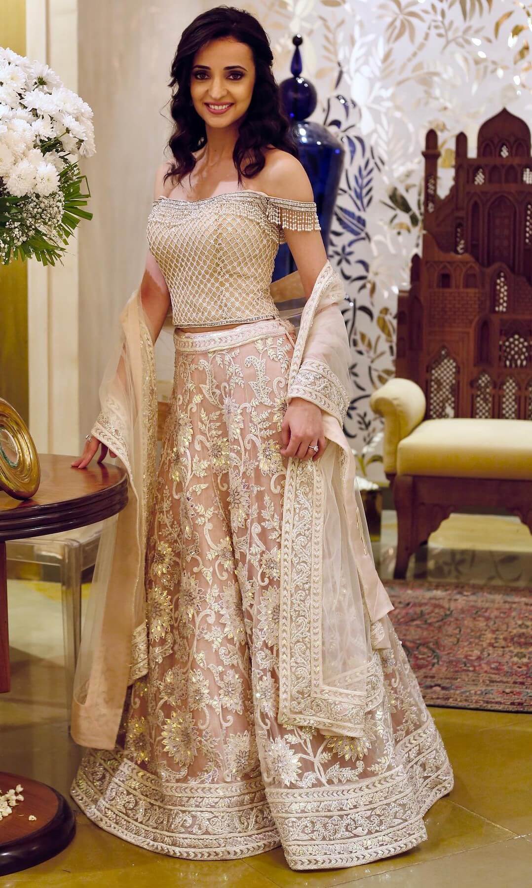 Sanaya Irani Princess Look In Beige Off-Shoulder Heavy Embroidered Blouse