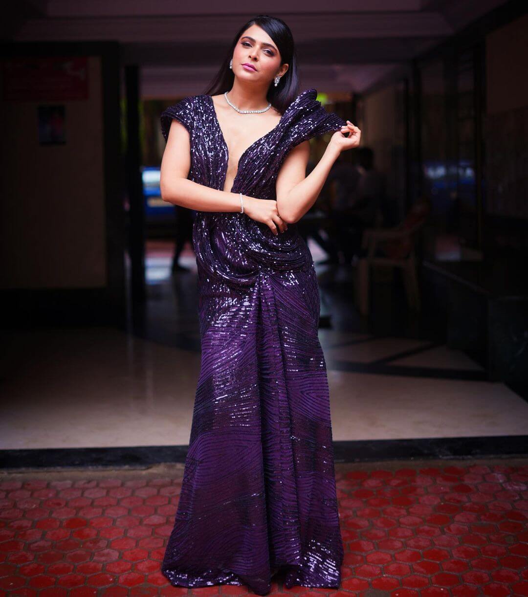 Sensational Purple Gown Look Of Madhurima For Award Function