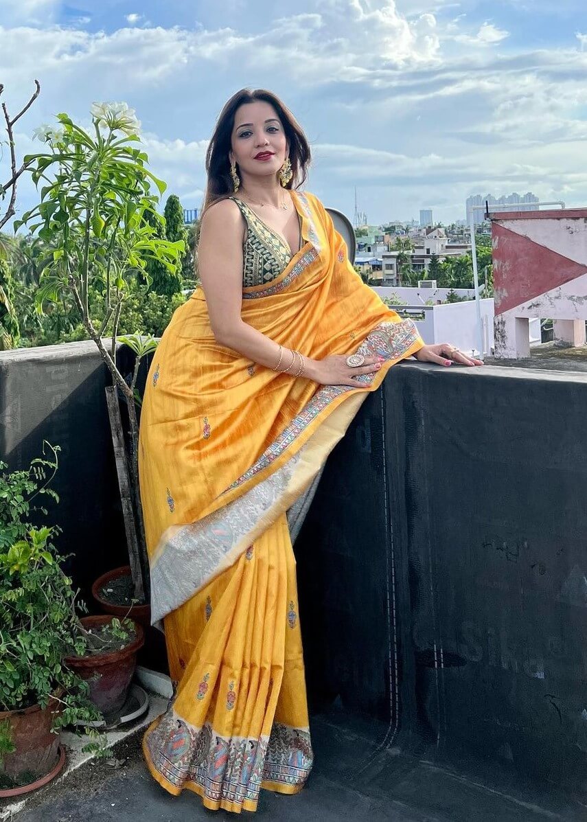 Sexy Monalisa In Yellow Saree Paired With Green Deep Neckline Sleeveless Blouse