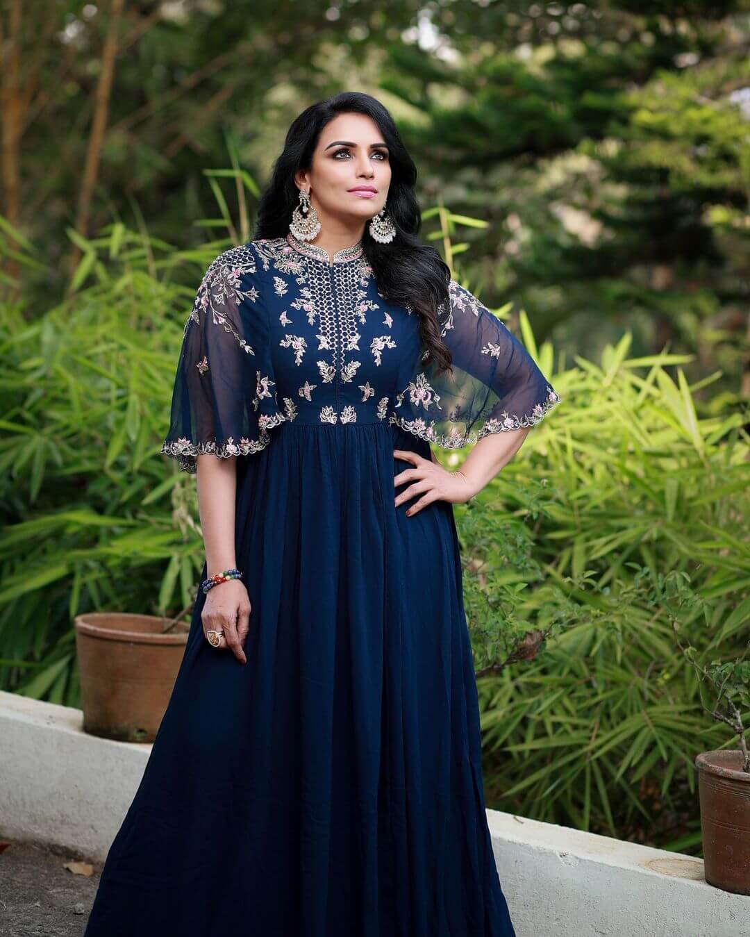 Shwetha Menon Strike A Pose In Blue Flare Gown With Kimono Sleeves