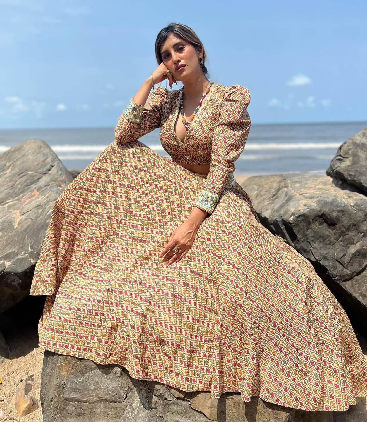 Singer Akasa Singh Chic & Elegant Look In Beige Lehenga Set With Deep Neckline