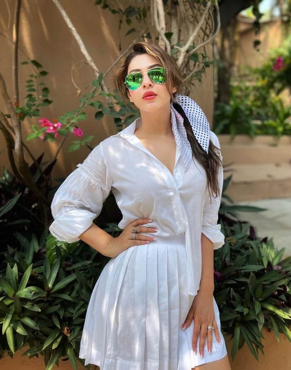 Sonarika Bhadoria Holi Party Ready Look In White Shirt With Pleated Skirt Styled With  With Chic Shades