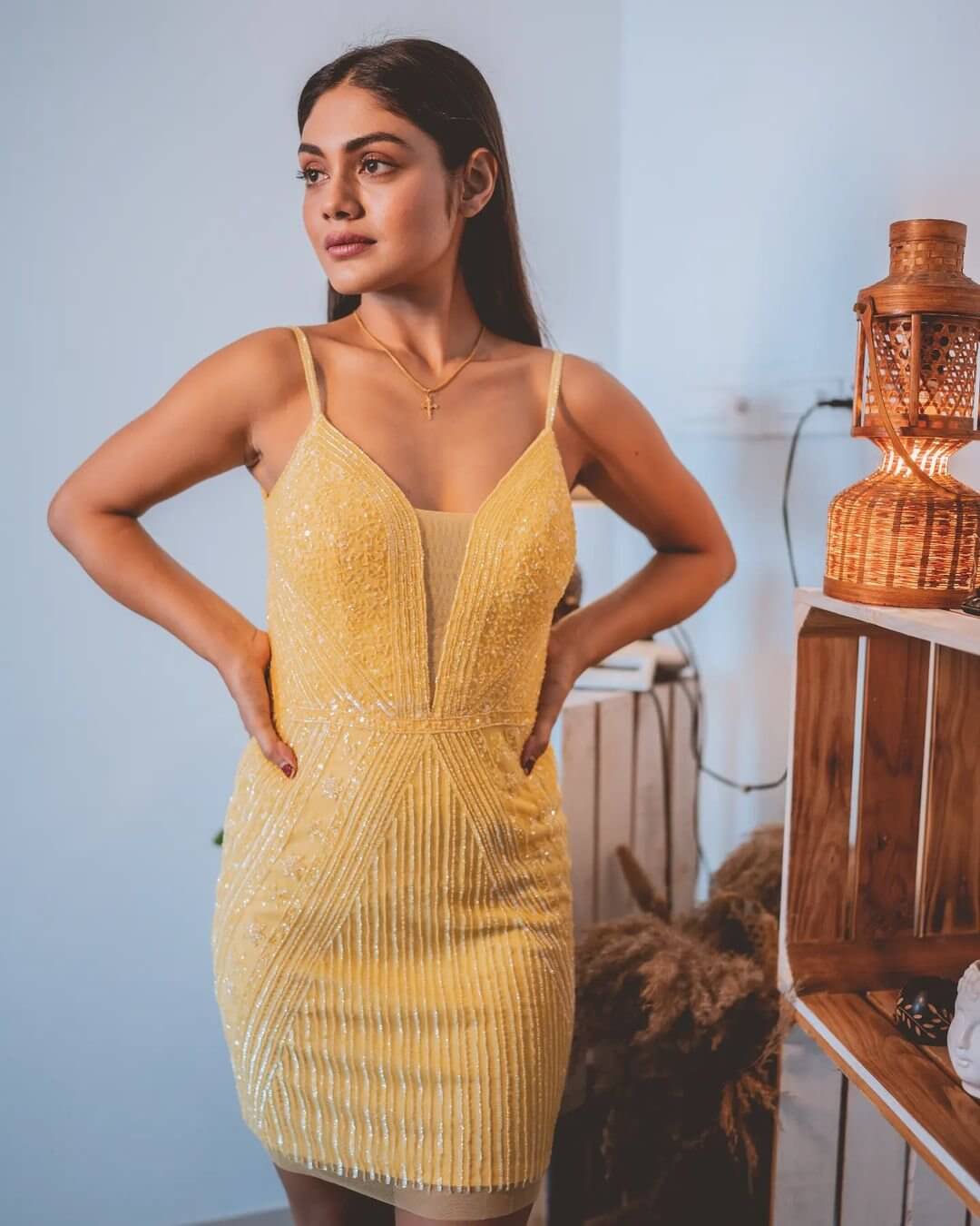 Sreejita De Flaunts Her Sexy Figure In Yellow Glittery Bodycon Dress