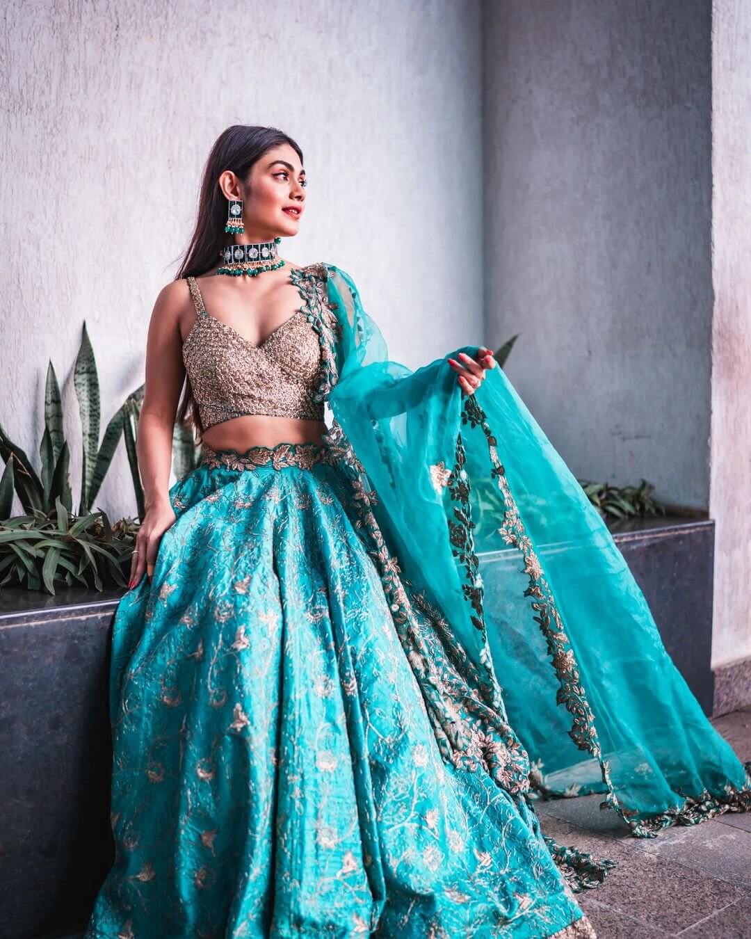 Sreejita De Look  Drop Dead Gorgeous In Light Blue Lehenga Set With Golden Sleeveless Blouse