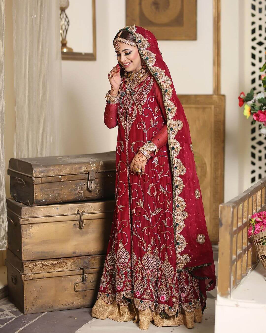 Stunning Wine Maroon Georgette Anarkali with Golden Tint Lehenga for the Bridezz