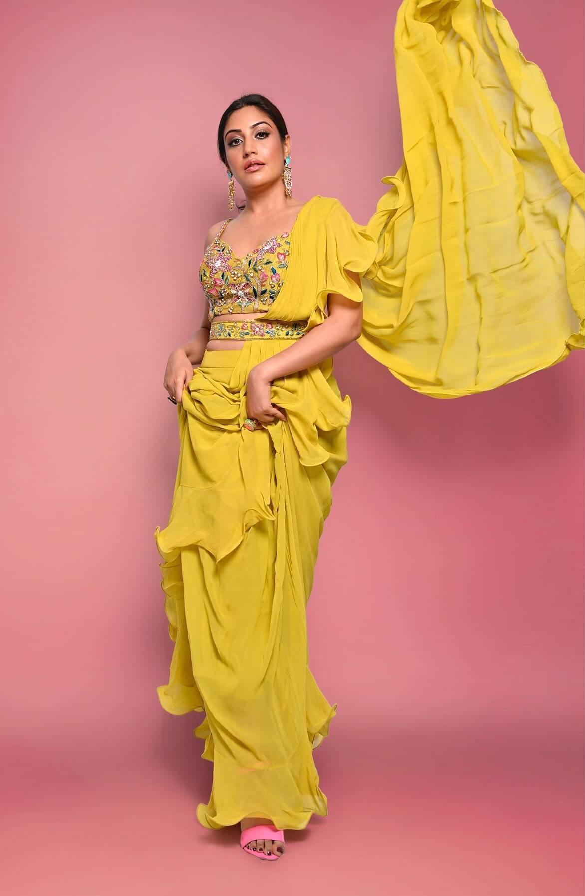  Surbhi Chandna In Gorgeous Yellow Ruffled Saree With Beautifully Embroidered Blouse
