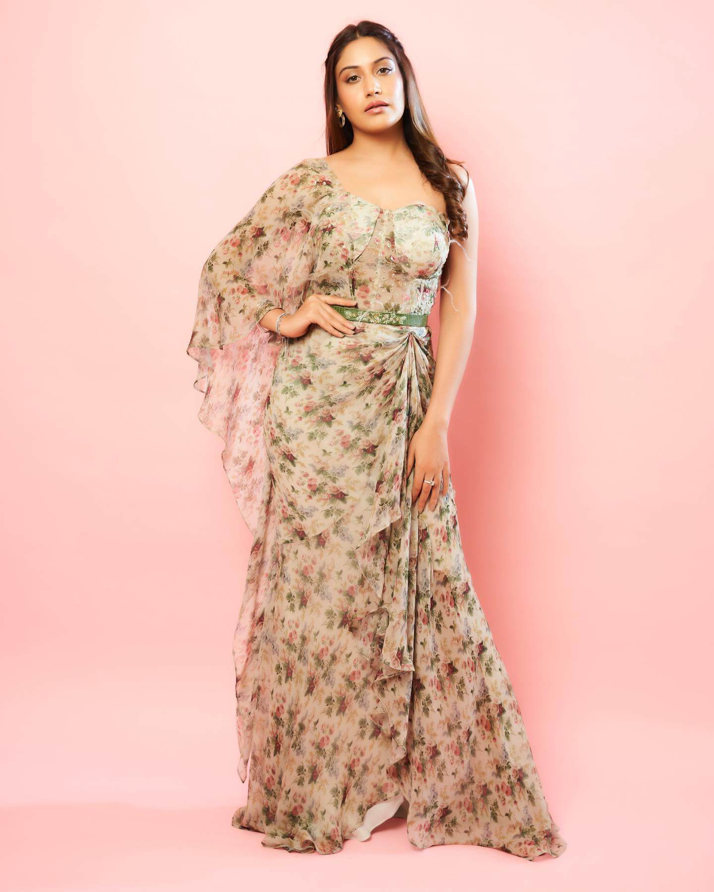 Surbhi Chandna Look Flattering As She Flaunts Her Light Brown Printed One Shoulder Dress