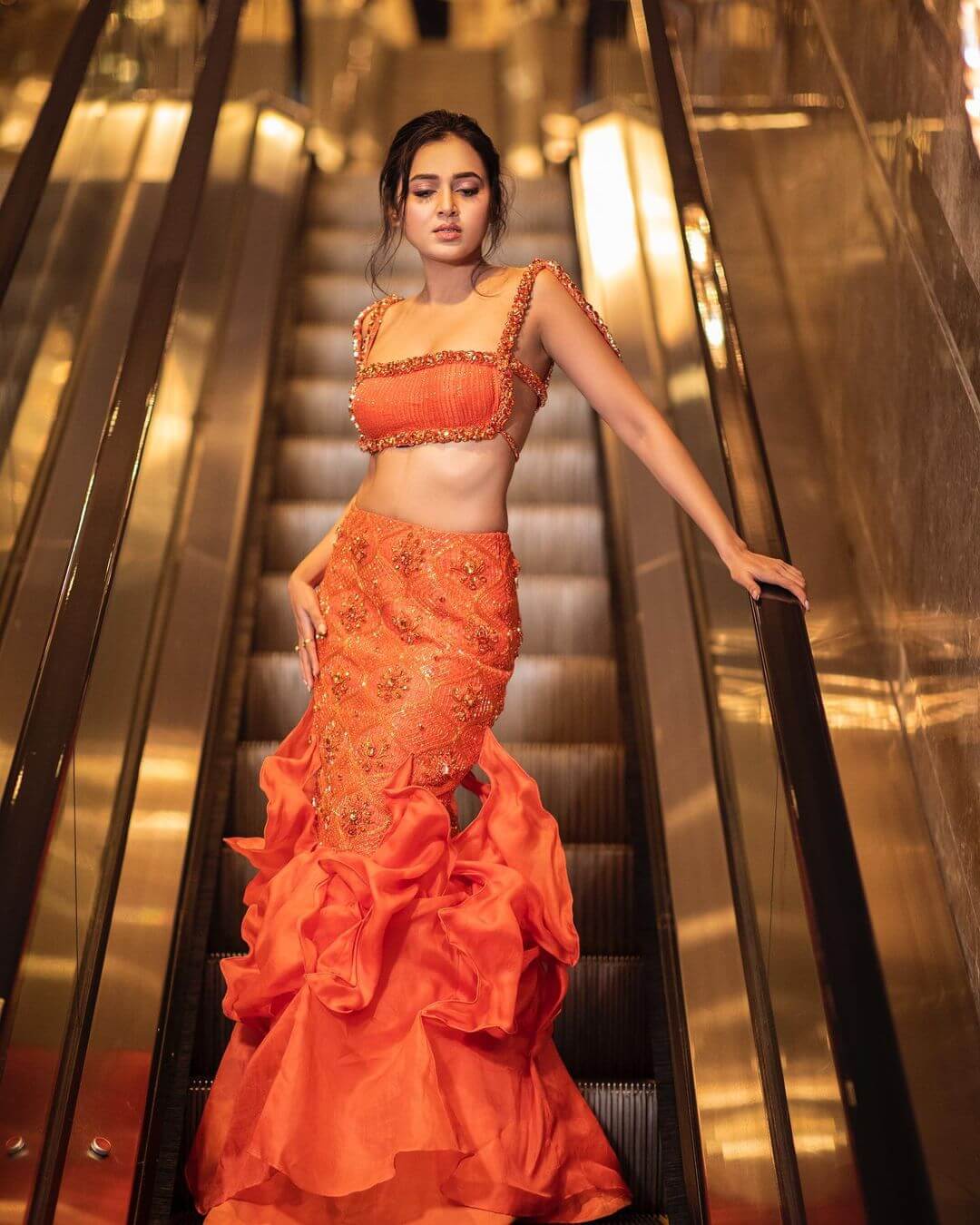 Tejasswi Prakash Diva Look In Orange Sexy Co-Ord Set Perfect Cocktail Night Wear Look