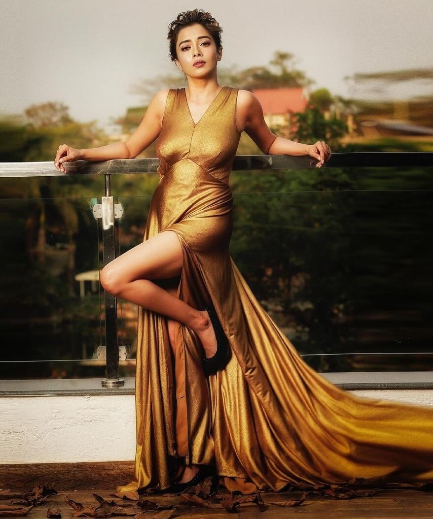 Tina Dutta Red Carpet Ready in a Golden Thigh-High Slit Gown