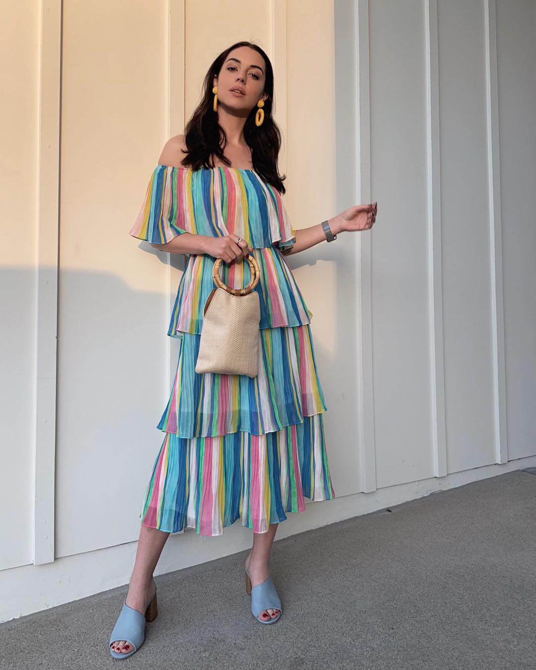 Australian Actress Adelaide Spring Look In Multi-Colour Strapless Midi Dress