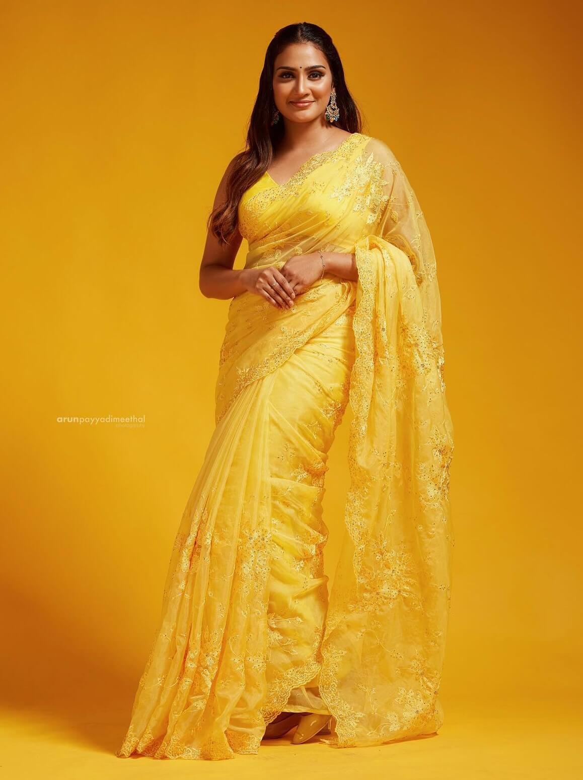 Aditi Ravi In Light Yellow Net Embroidered Saree With Sleeveless Blouse Inspired Best Outfit & Looks Collection