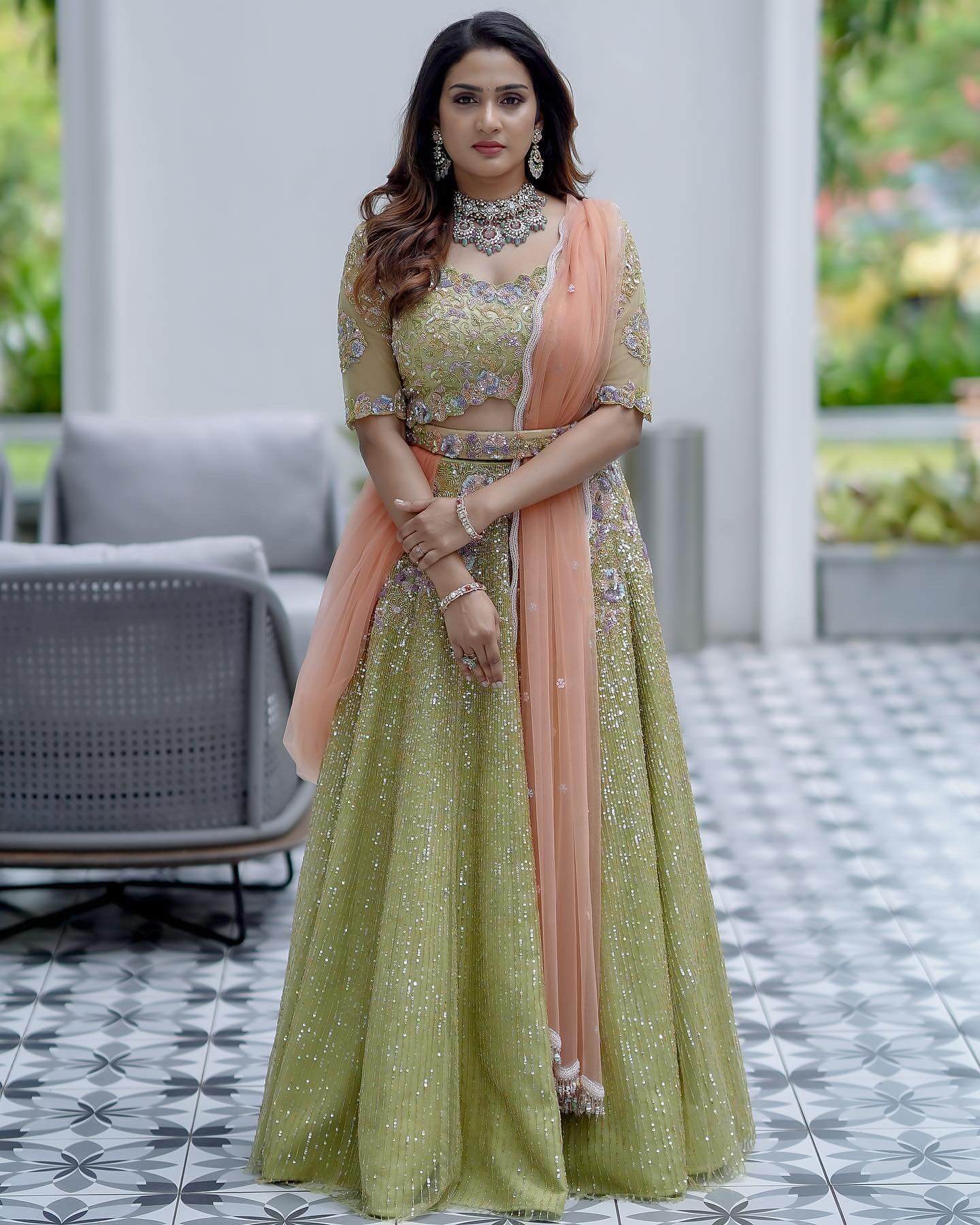 Aditi Ravi In Wild Lime Lehenga With Embellished Cutwork Blouse and Skirt Paired With Beautifully Complimenting Peach Dupatta