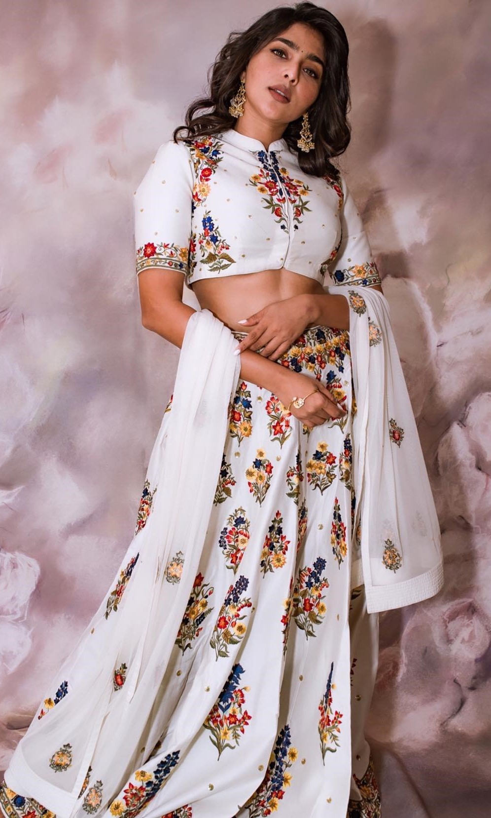 Aishwarya Lekshmi In a White Floral Printed Ensemble With Dupatta