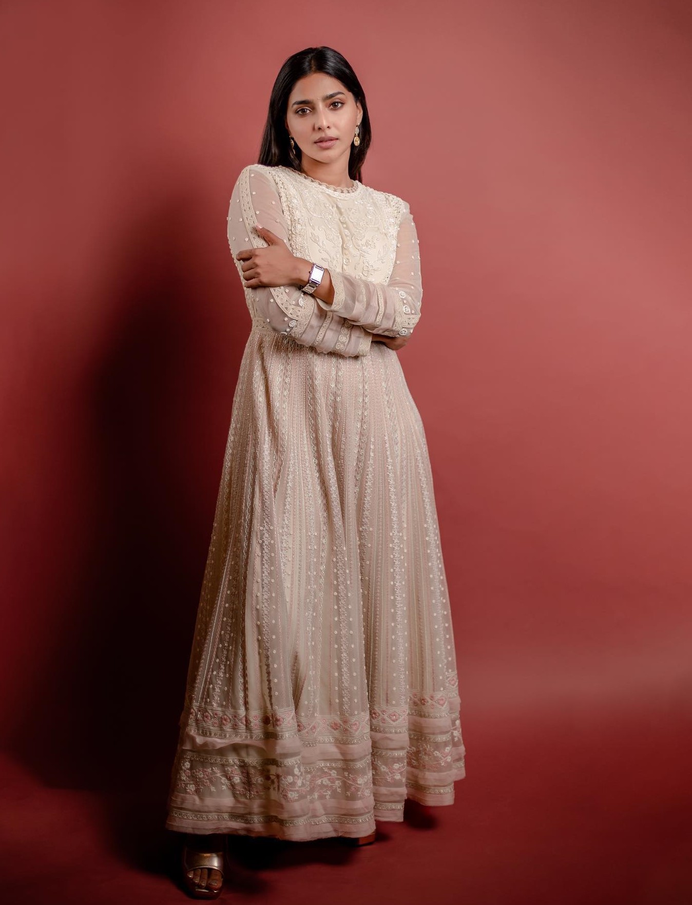 Aishwarya Lekshmi In Off White Heavy Embroidered Long Dress With Full Sleeves