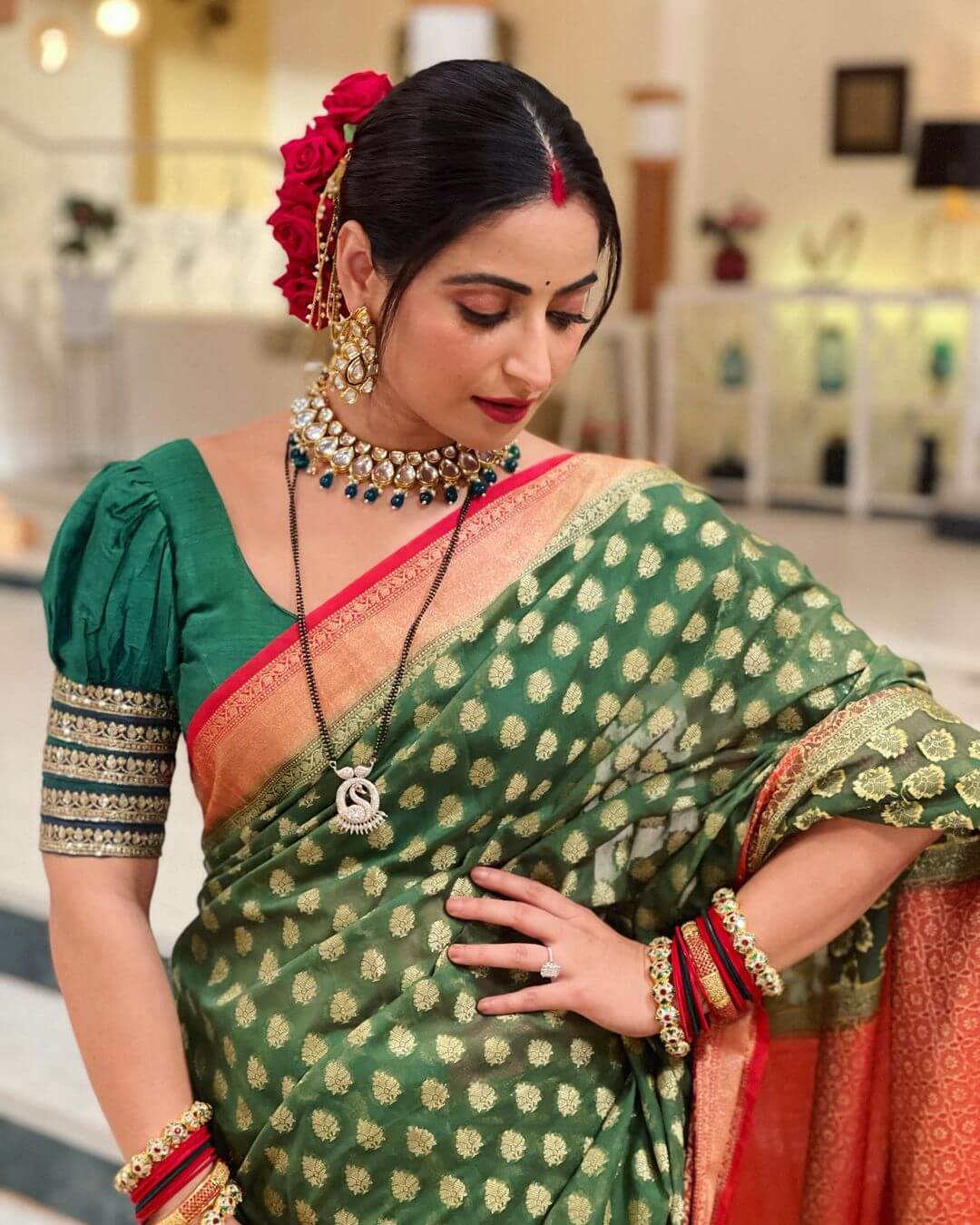 Aishwarya Sharma Bhatt In Green Saree With Puffed Sleeves Blouse