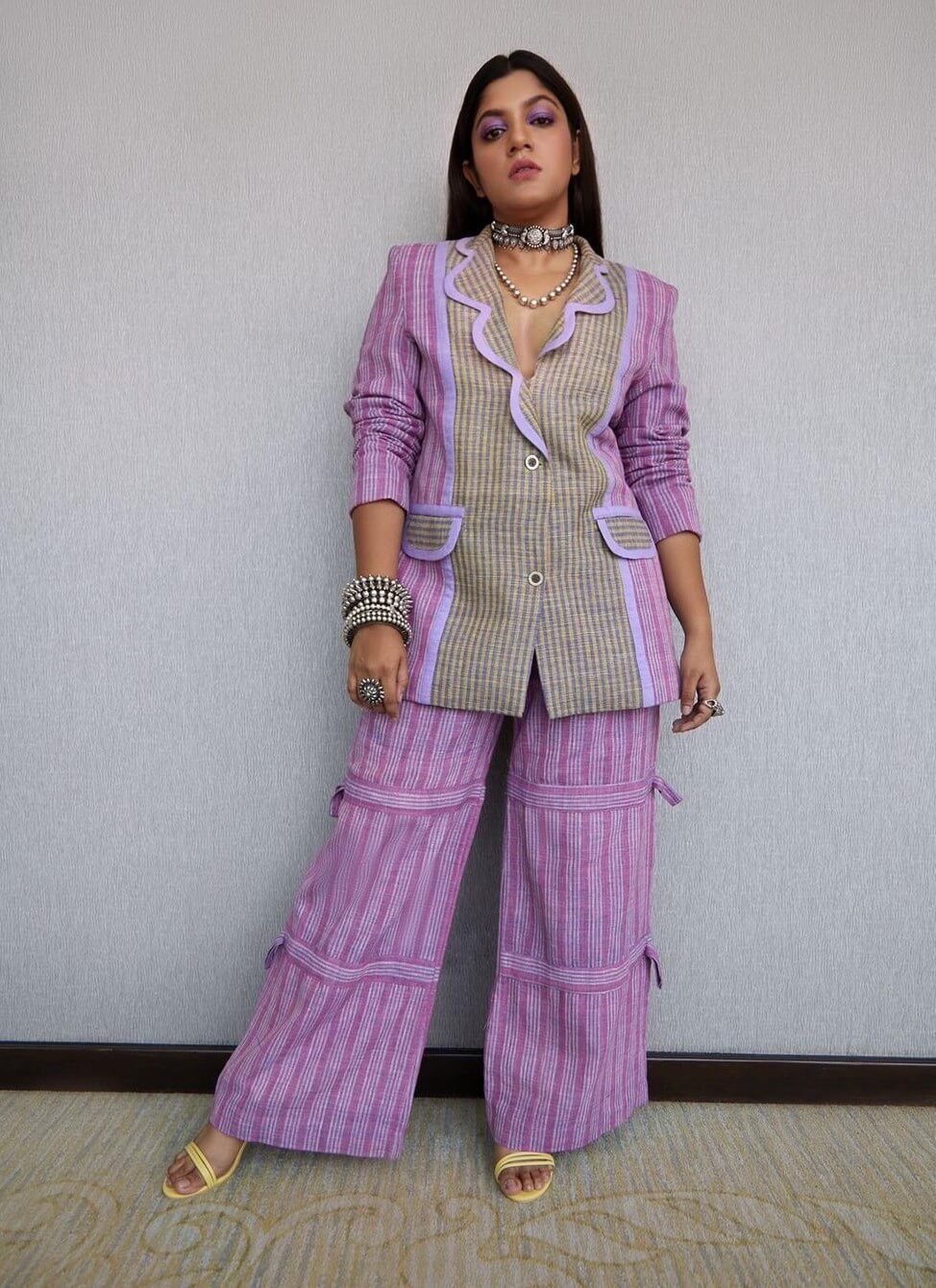 Aparna Balamurali Quirky Look In Purple Striped Blazer With Purple Makeup Look