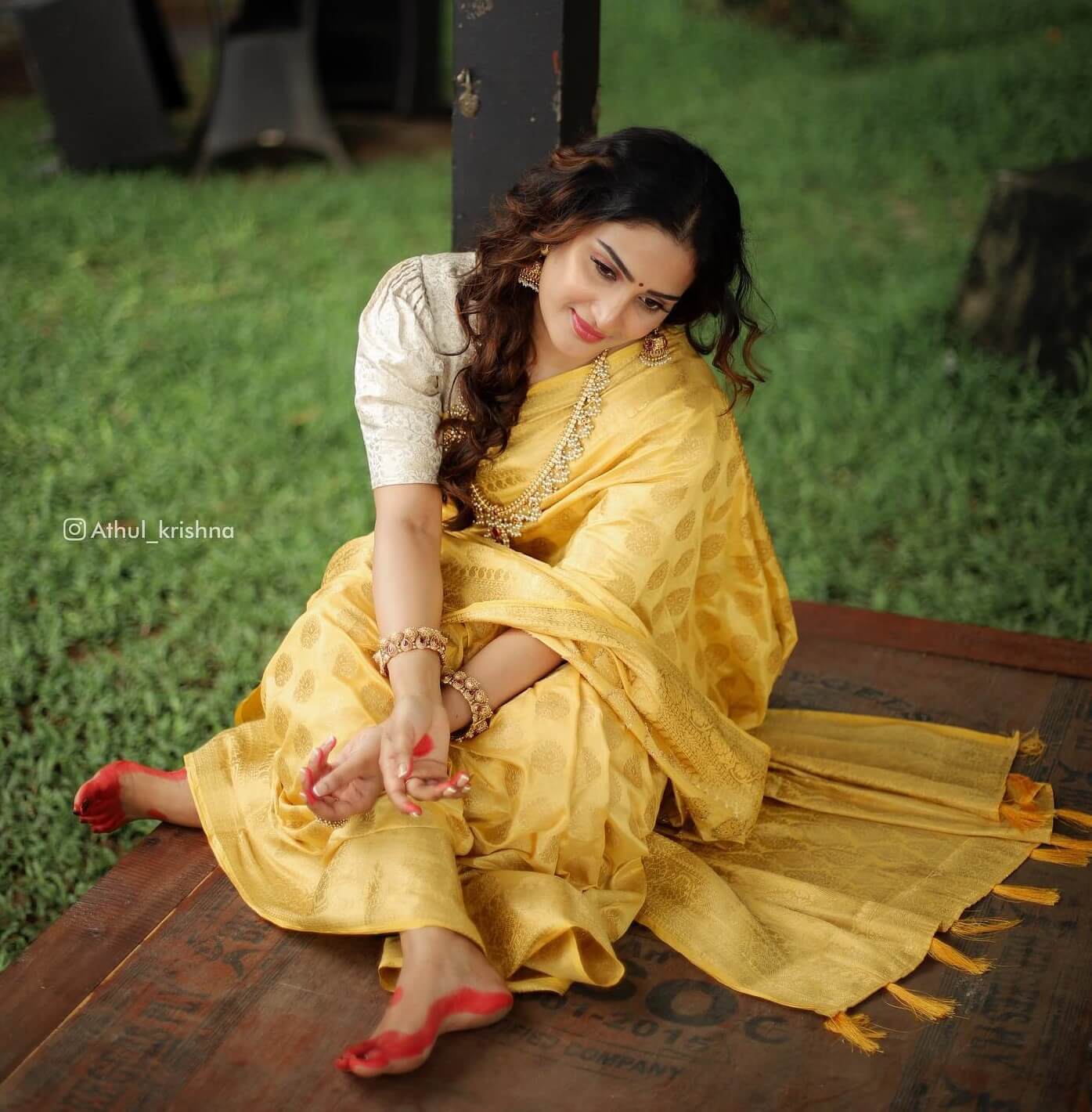 Beautiful Aditi Ravi In Traditional Yellow Silk Saree With Off White Blouse