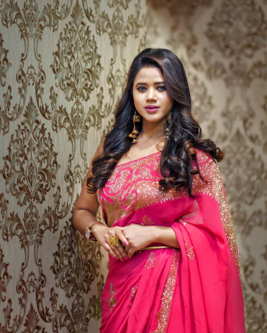 Beauty Bae Amrita Halder Bling In Pink Golden Stone Embedded Saree