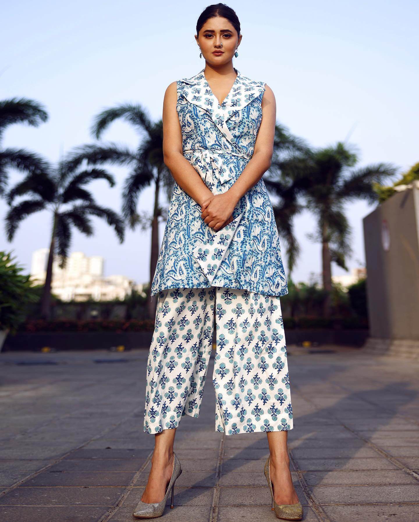 Beauty Bae Rashami Desai  Chic Look In White & Blue Printed Wrapped Co-Ord Set