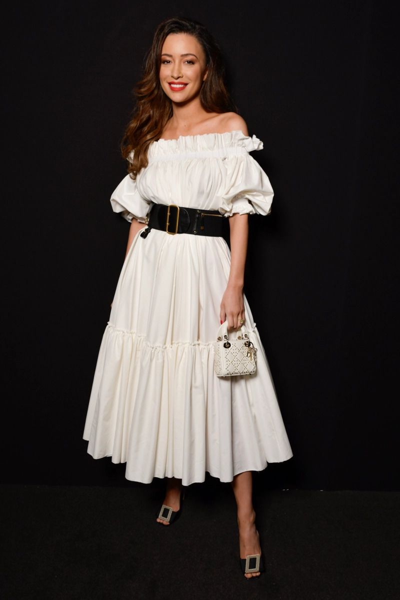 Christian Serratos  Vintage Look In  Off Shoulder White Dress