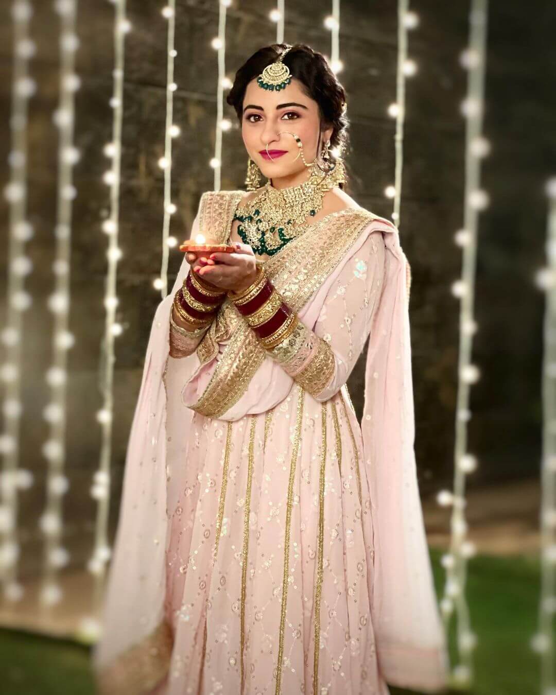 Desi Kudi Niyati Fatnani Diwali Look In Pink Anarkali Suit With Heavy Jewellery