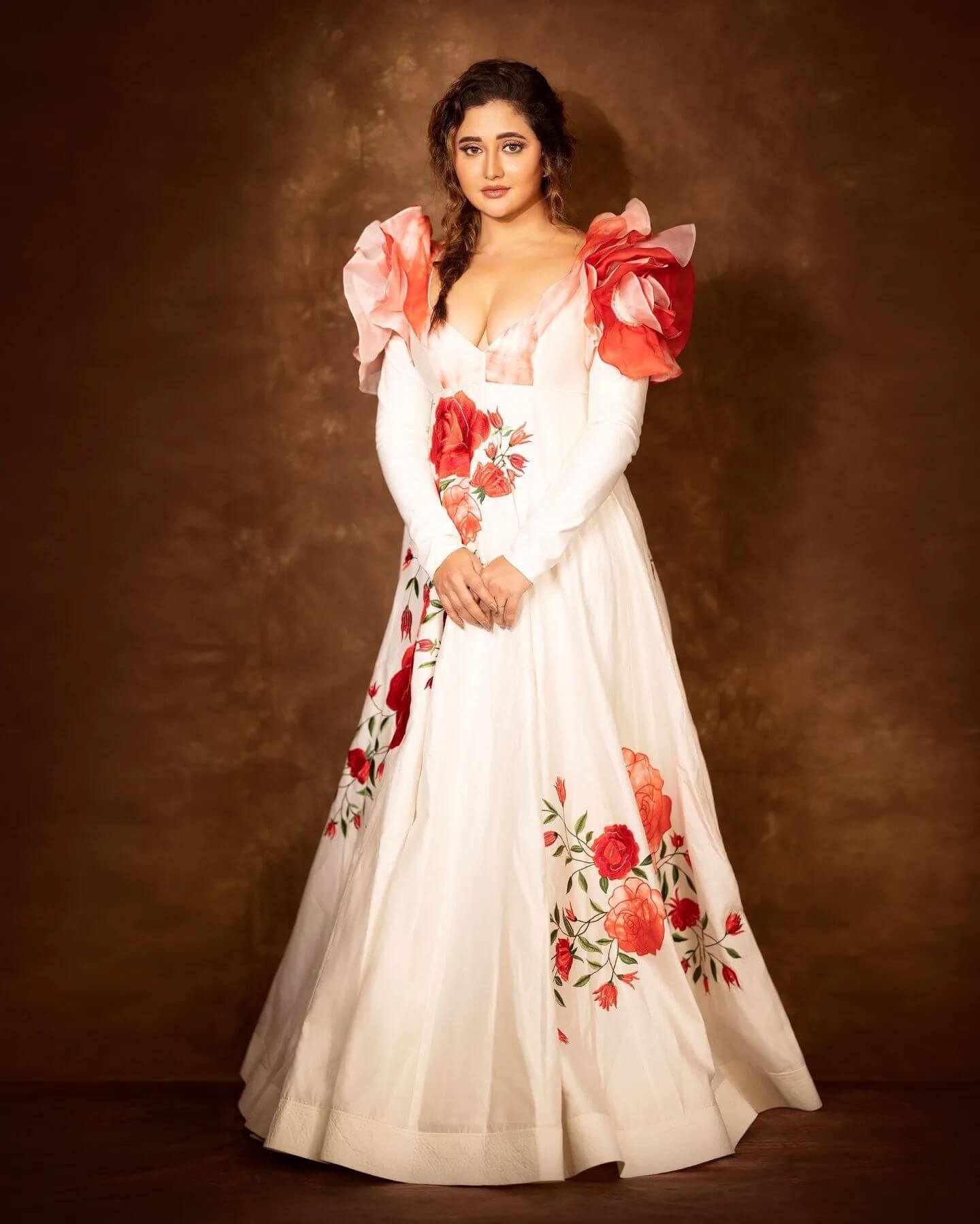 Dil Se Dil Tak Fame Rashami Desai Decked Up In White Floral Gown Featuring  Giant Rose On Both The Shoulders 