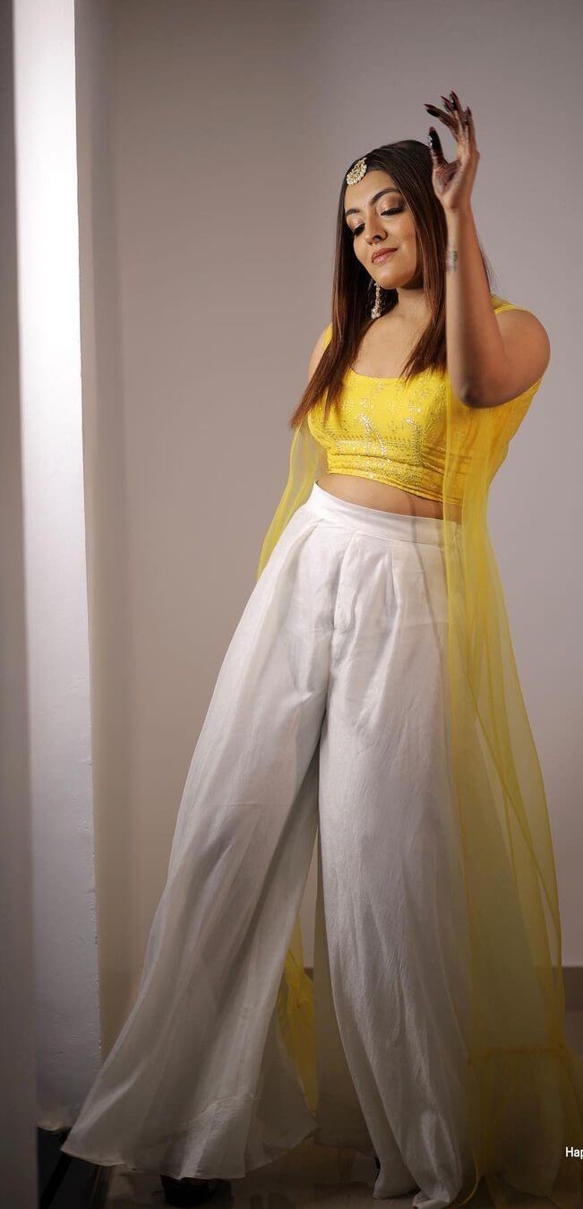 Durga Krishna Peppy Look In Yellow Crop Top With White Palazzo Paired With Yellow Jacket Perfect Haldi Look