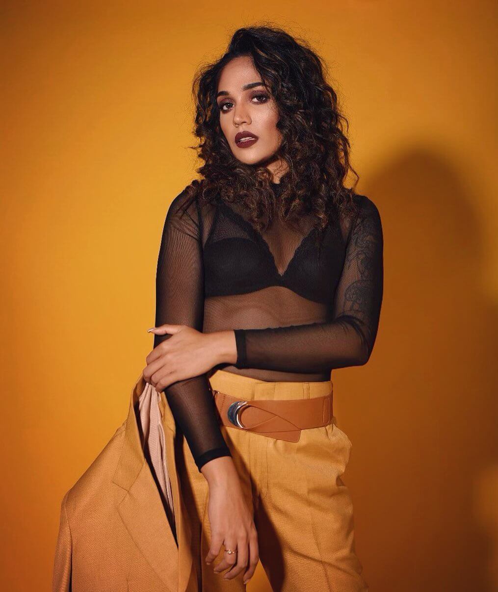 Hot Bae Mumtaz Sorcar In See Through Black Top With Black Bralette Paired With Yellow Pants & Blazer