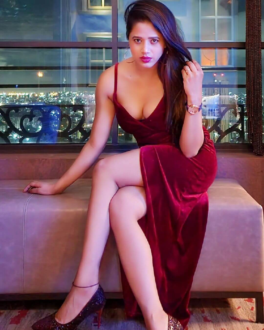 Hotness Alert! Amrita Halder  In Deep Plunging Neckline Velvet Slit Cut Dress