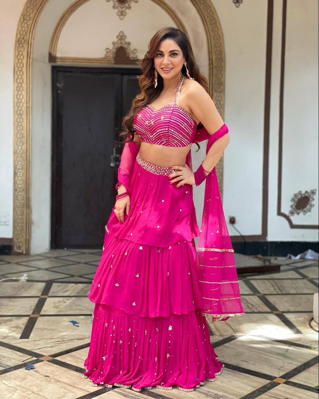 Kundali Bhagya Fame Shraddha Arya In Pink Multi Layer Lehenga With Sleeveless Blouse