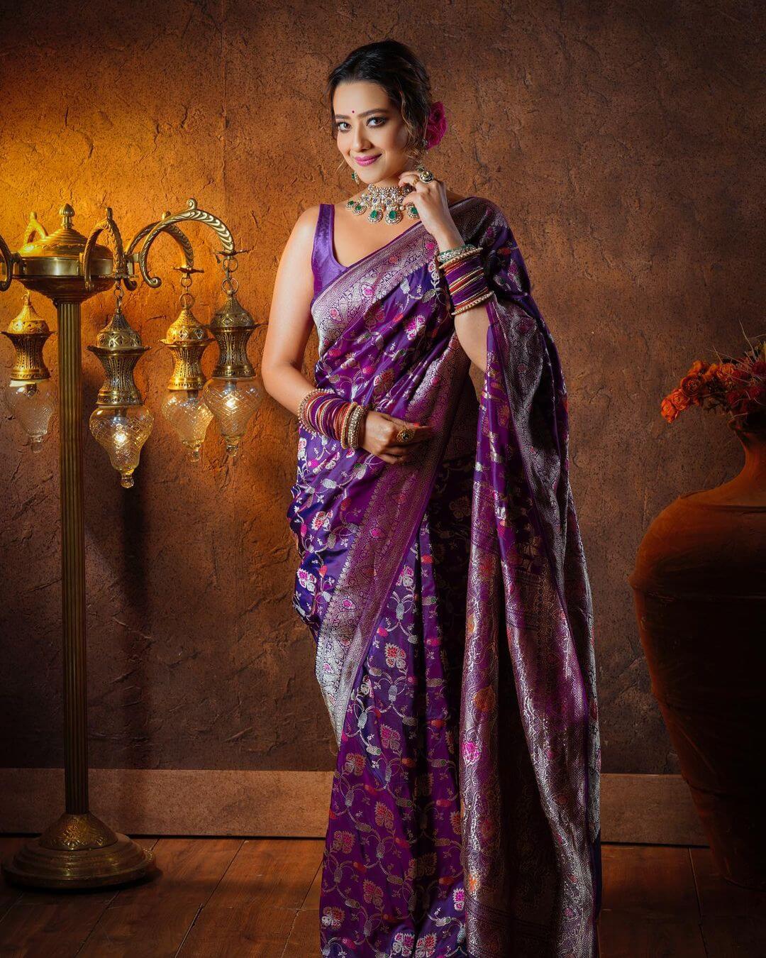 Madalsa Sharma Traditional Bhartiya Naari Look In Purple Silk Saree