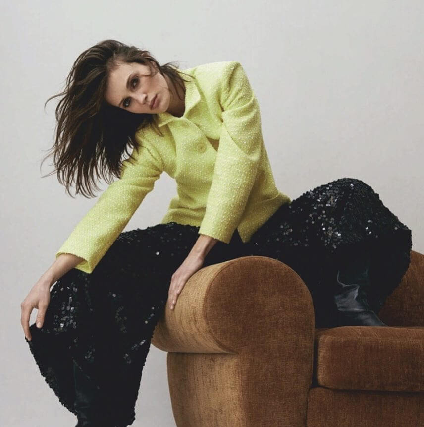 Marine Vacth Decked Up In Chanel Glittery Black Outfit With Light Green Blazer