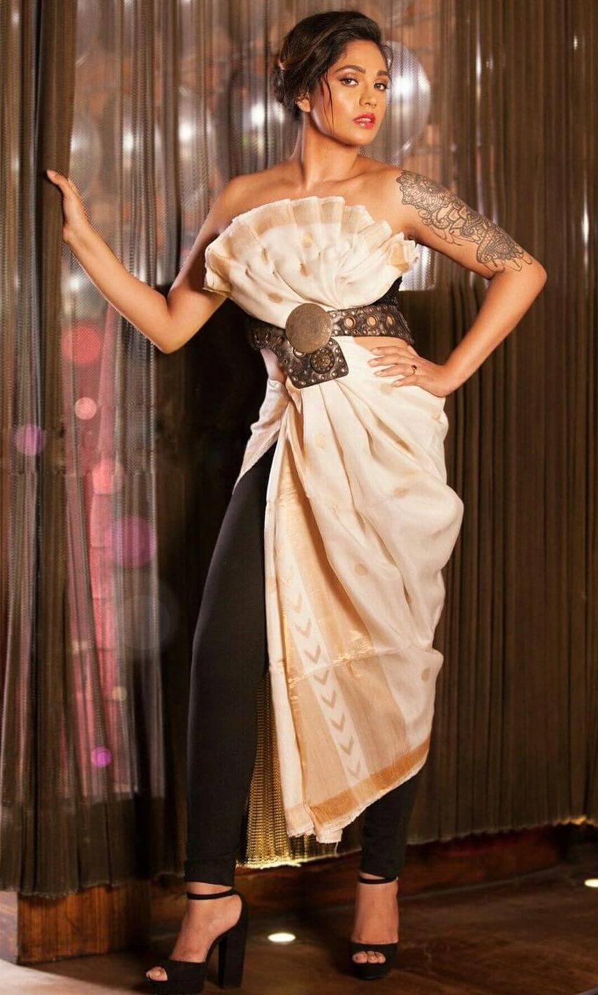 Mumtaz Sorcar In Beige Designer Off Shoulder Dress With Antique Waist Belt Classy Ethnic & Glamorous Western Outfits & Looks