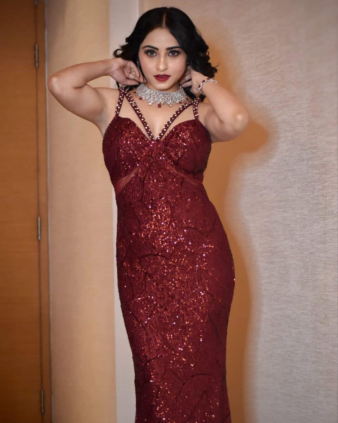 Niyati Fatnani Look Beautiful In Red Embellished Long Gown With Sexy Neckline