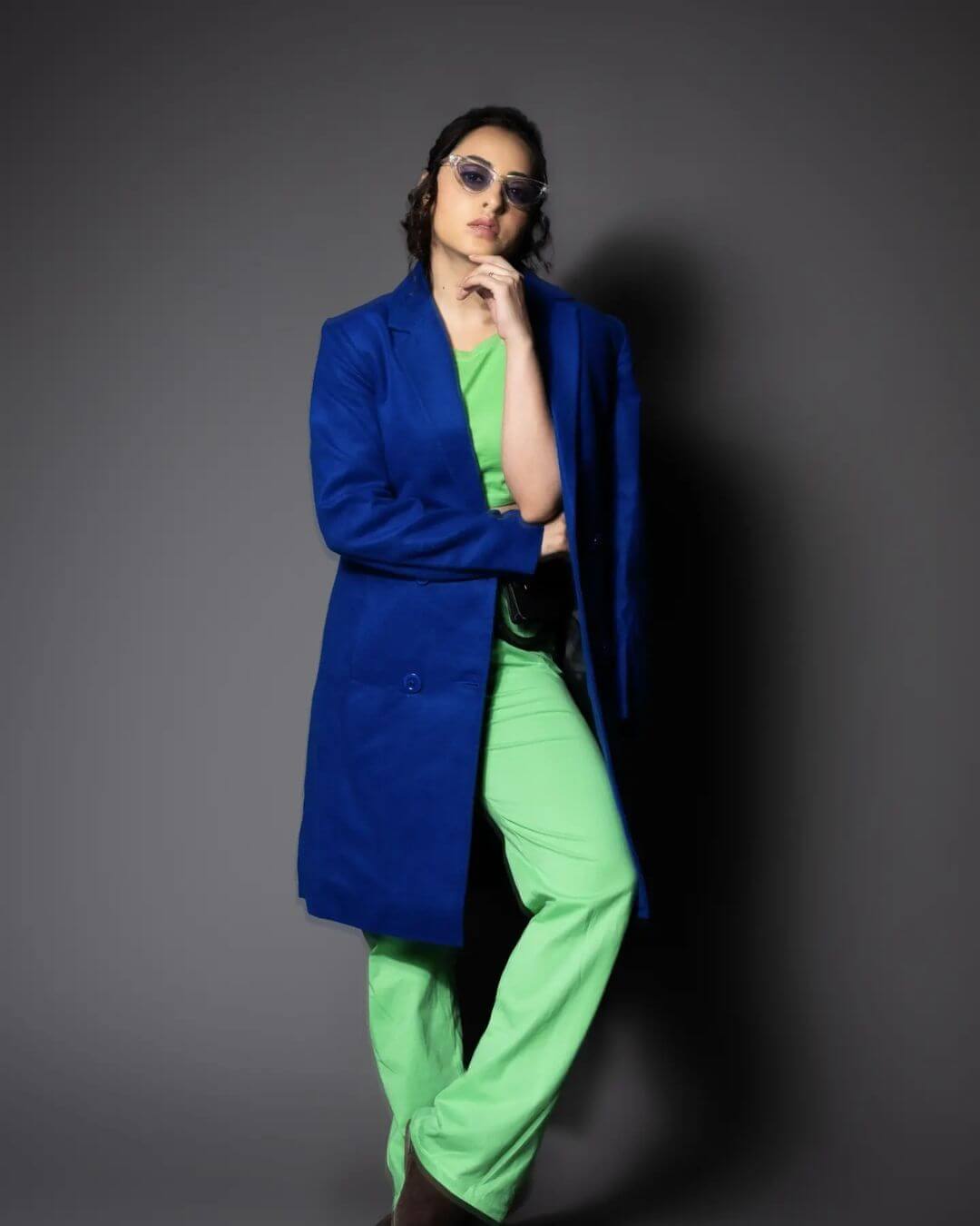 Niyati Fatnani Oozes Chic Look In Green Monotone Co-Ord Paired With Blue Blazer