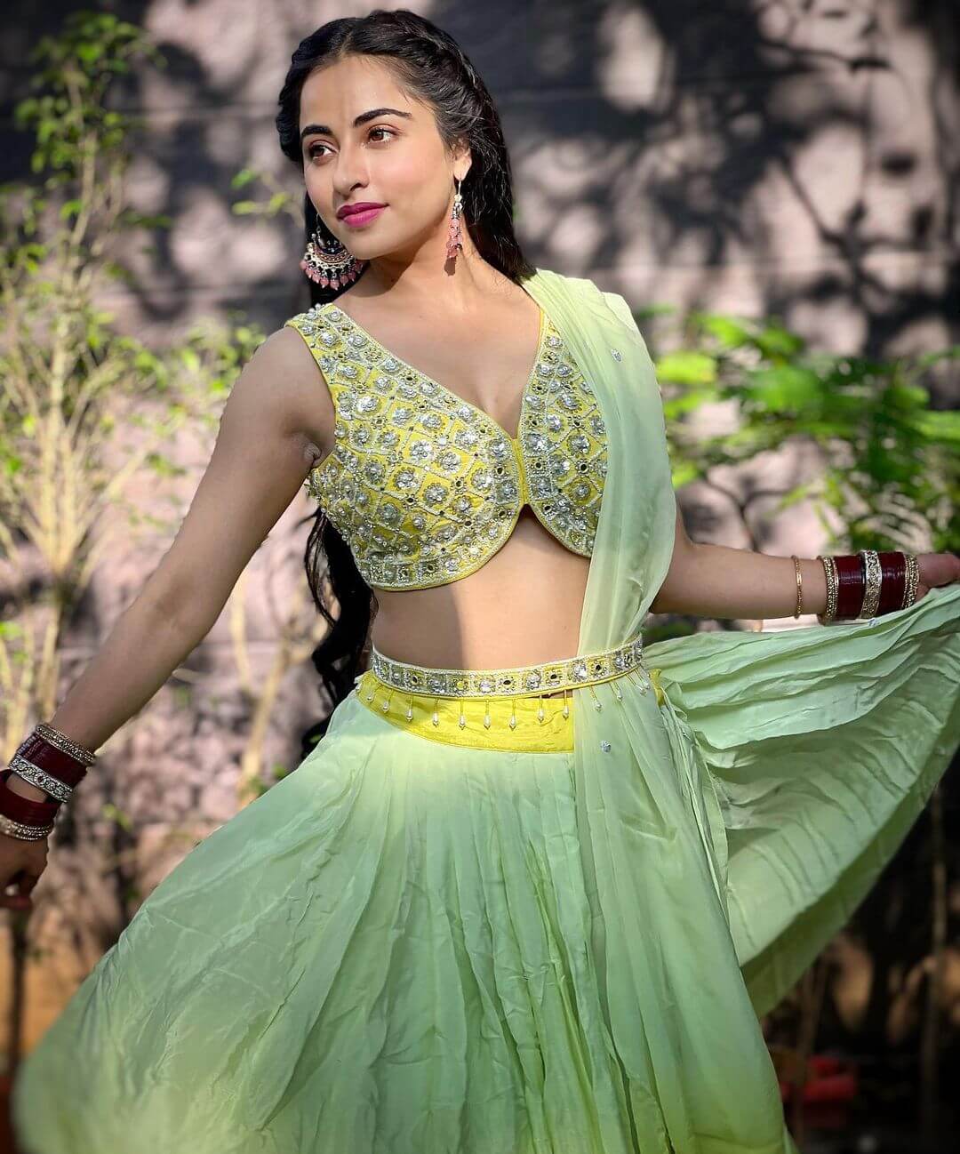 Niyati Fatnani Twirls In Green & Yellow Lehenga Set