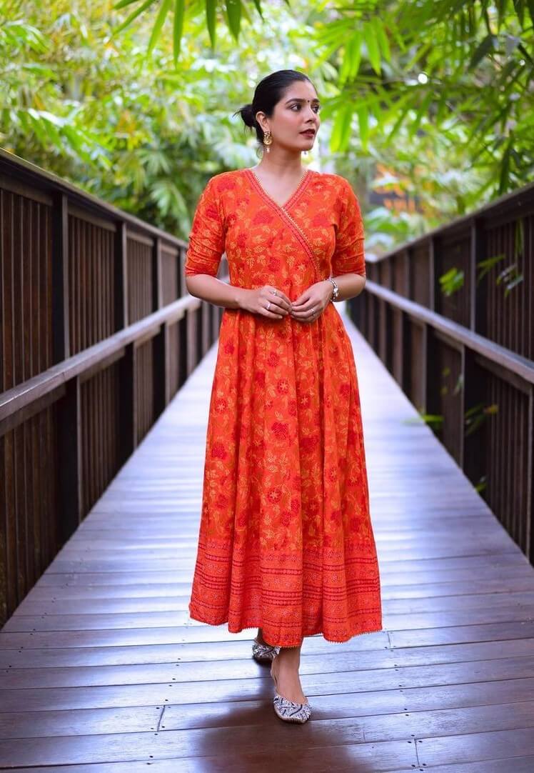 Pratigya Fame Pooja In Orange Angrakha Design Long Maxi Dress - Pooja Gor
